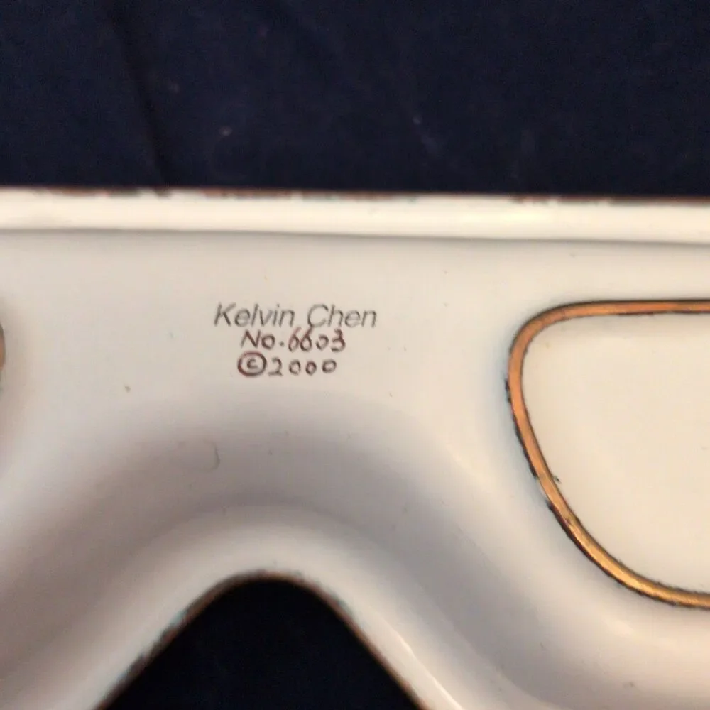 Kelvin Chen 2000 Enamel Copper Eyeglass Tray Dish Holder Checkered/ Blue Floral